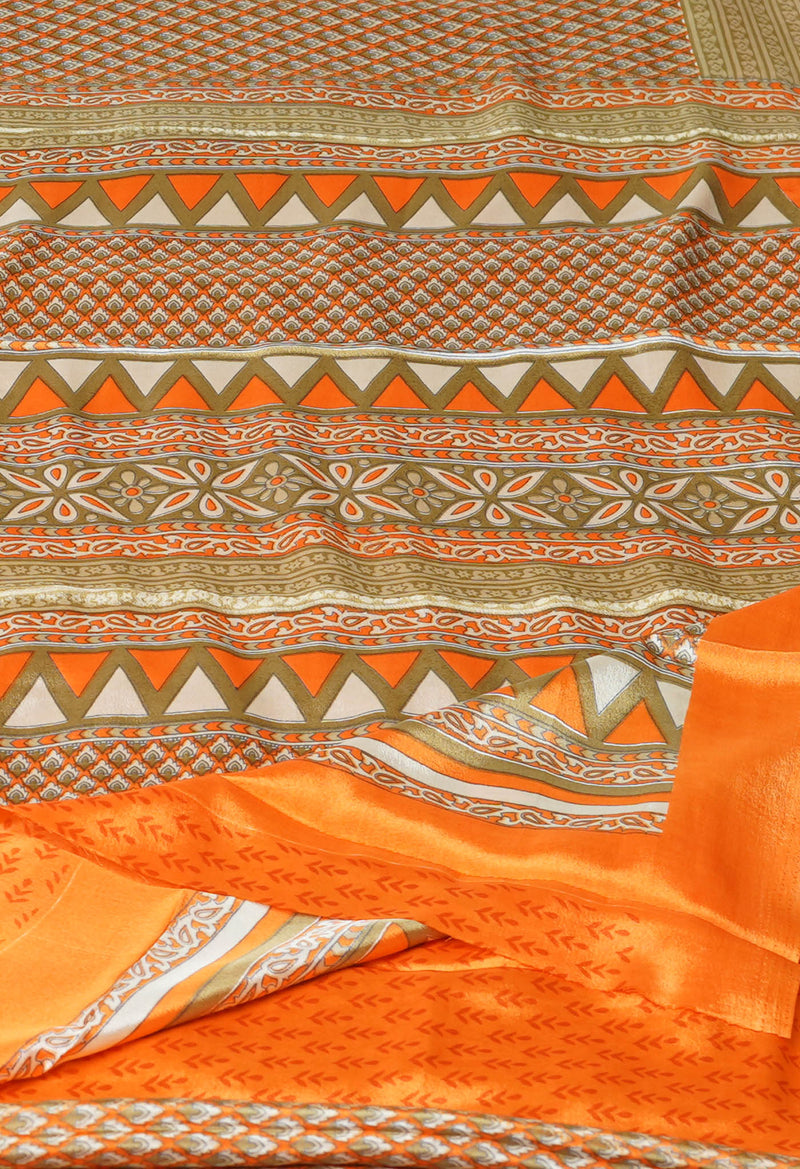 Orange Pure  Block Printed Soft Silk Saree-UNM73469