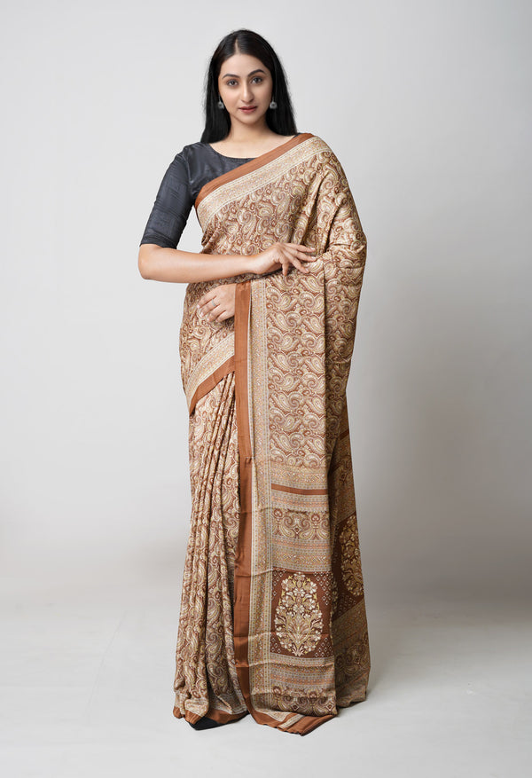 Brown Pure  Block Printed Soft Silk Saree-UNM73470
