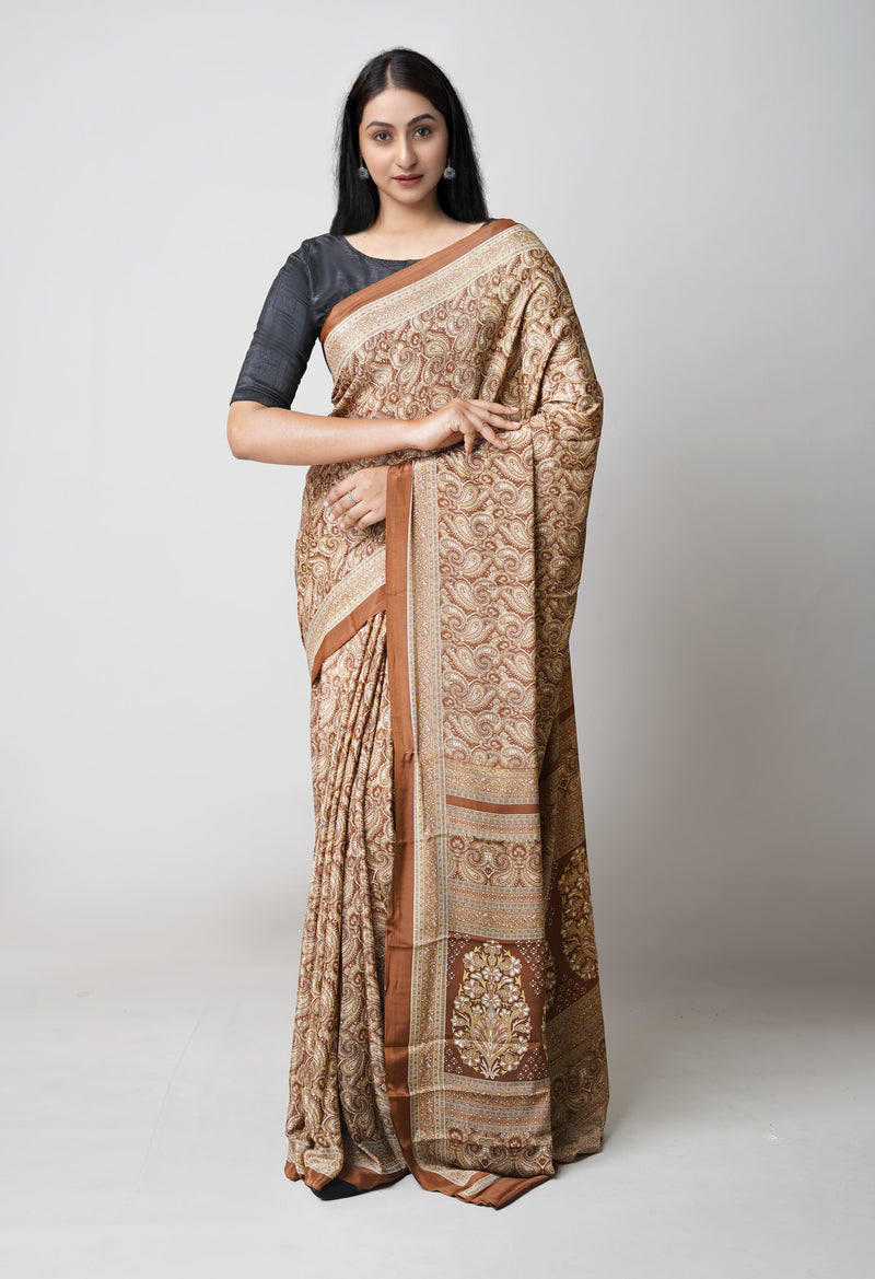 Brown Pure  Block Printed Soft Silk Saree-UNM73470