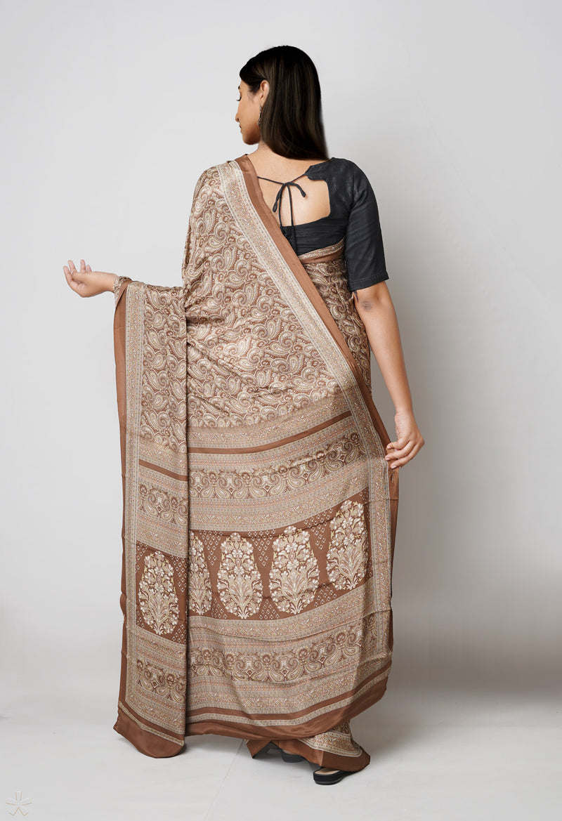 Brown Pure  Block Printed Soft Silk Saree-UNM73470