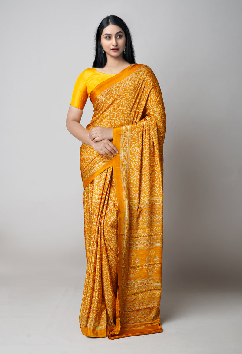 Mustard Yellow Pure  Block Printed Soft Silk Saree-UNM73474