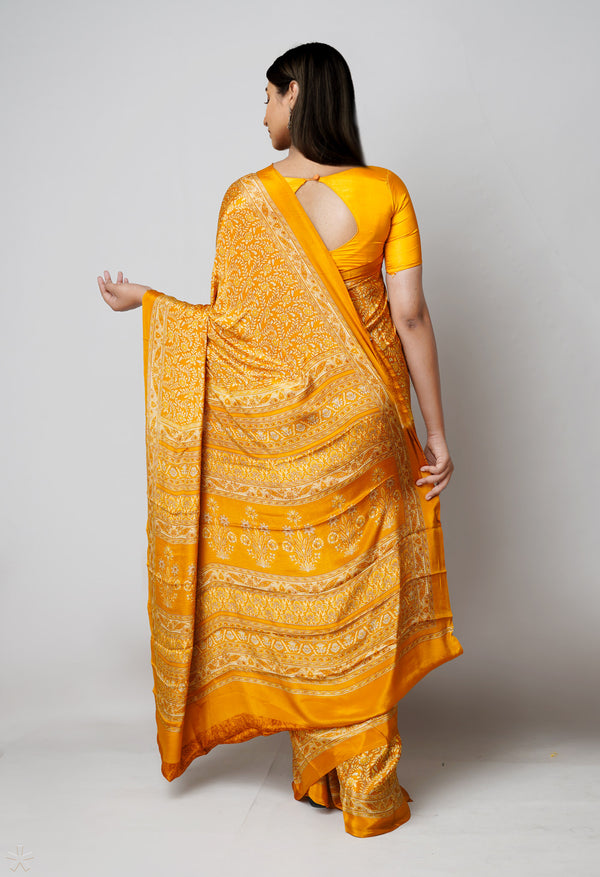 Mustard Yellow Pure  Block Printed Soft Silk Saree-UNM73474