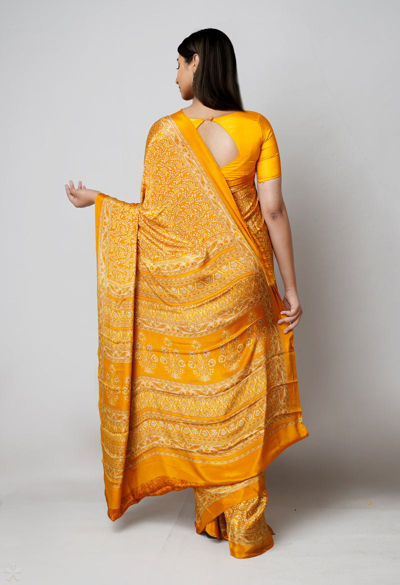 Mustard Yellow Pure  Block Printed Soft Silk Saree-UNM73474