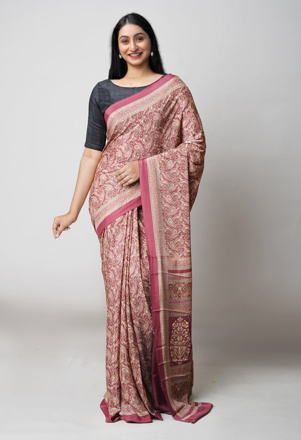French Clay Pink Pure  Block Printed Soft Silk Saree-UNM73476