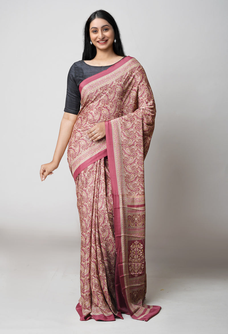 French Clay Pink Pure  Block Printed Soft Silk Saree-UNM73476