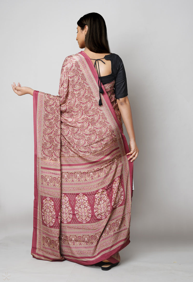 French Clay Pink Pure  Block Printed Soft Silk Saree-UNM73476