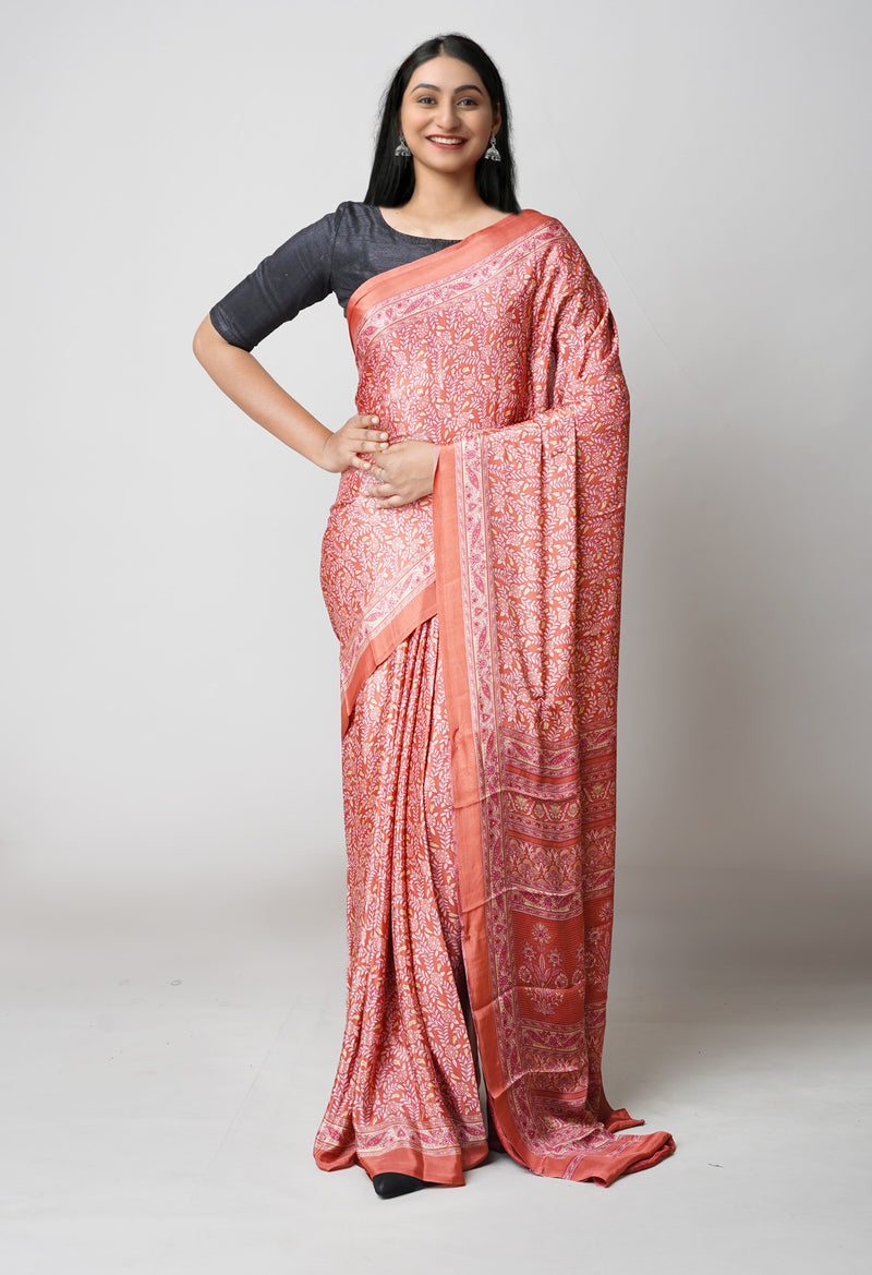 French Clay Pink Pure  Block Printed Soft Silk Saree-UNM73477