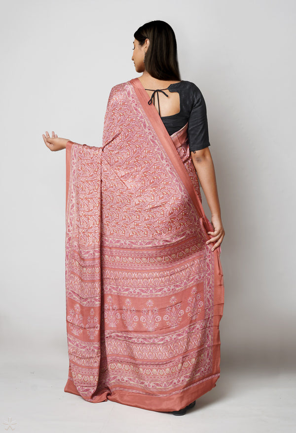 French Clay Pink Pure  Block Printed Soft Silk Saree-UNM73477