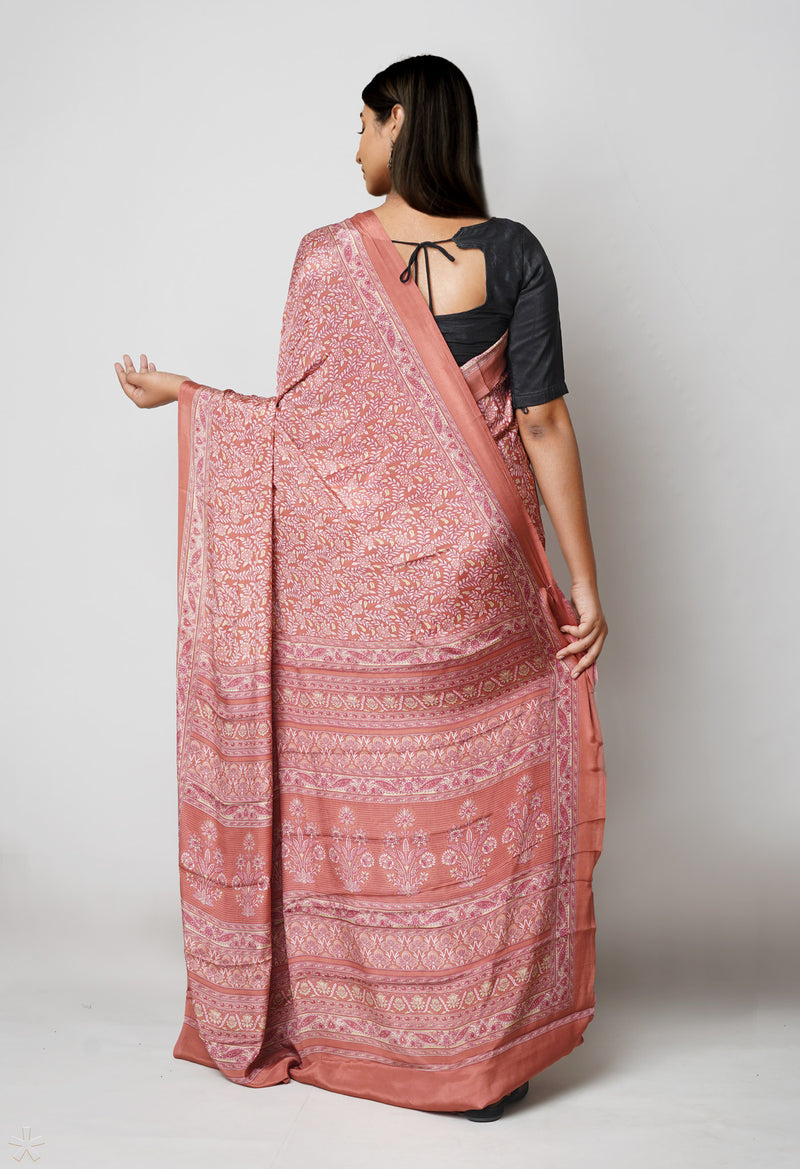 French Clay Pink Pure  Block Printed Soft Silk Saree-UNM73477