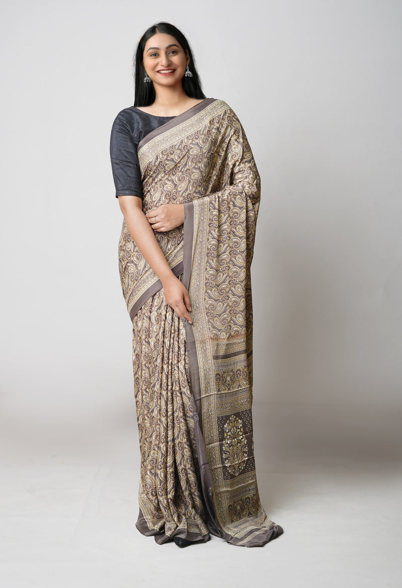 Taupe Brown Pure  Block Printed Soft Silk Saree-UNM73478