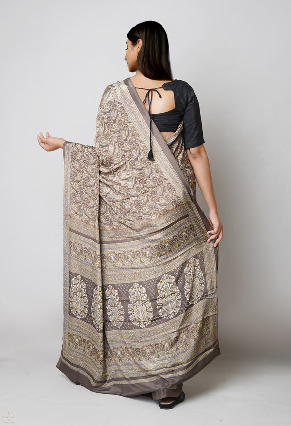 Taupe Brown Pure  Block Printed Soft Silk Saree-UNM73478