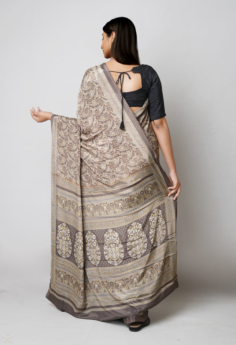 Taupe Brown Pure  Block Printed Soft Silk Saree-UNM73478