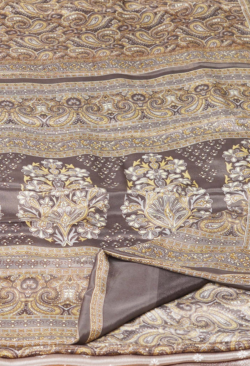 Taupe Brown Pure  Block Printed Soft Silk Saree-UNM73478