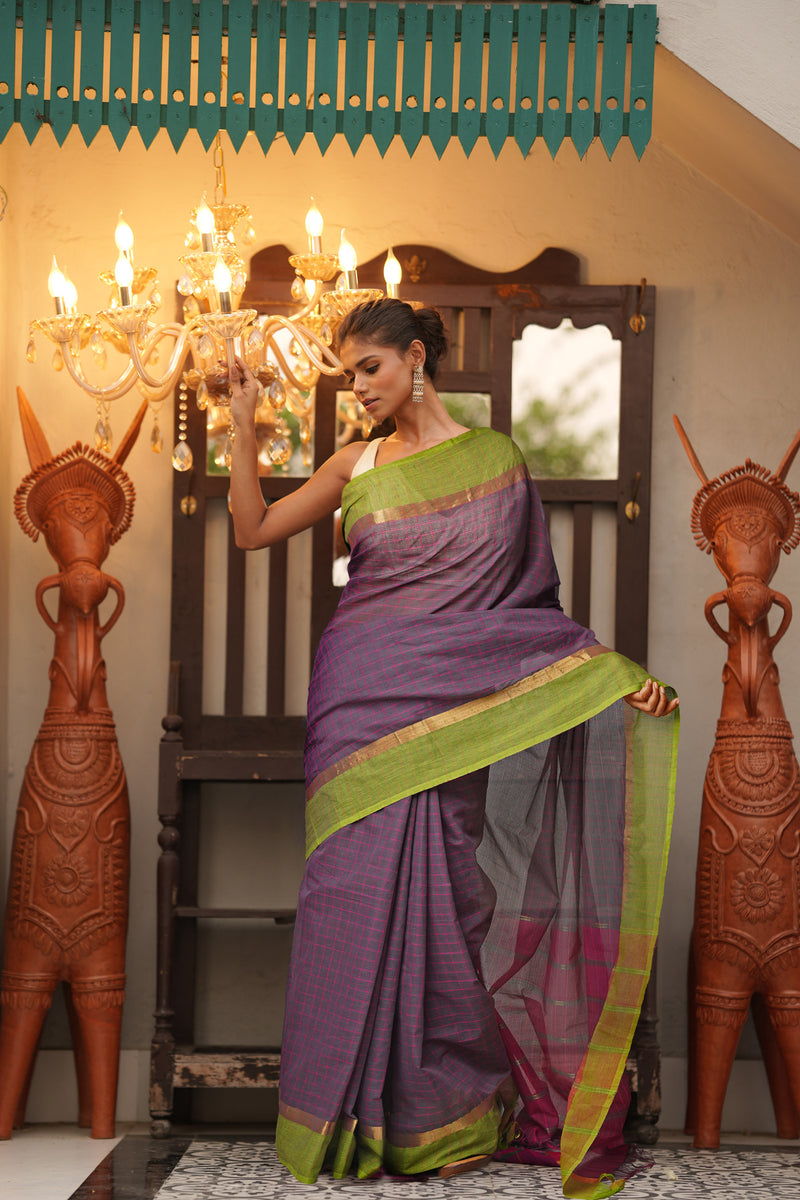 Dark Taupe Brown Pure Mangalgiri With Checks  Cotton Saree-UNM73482