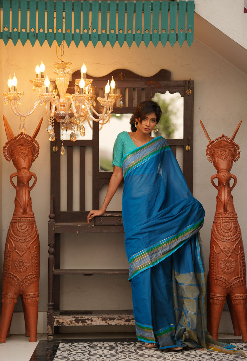 Dark Blue Pure Mangalgiri Cotton Saree-UNM73489