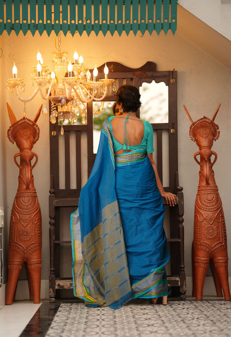 Dark Blue Pure Mangalgiri Cotton Saree-UNM73489