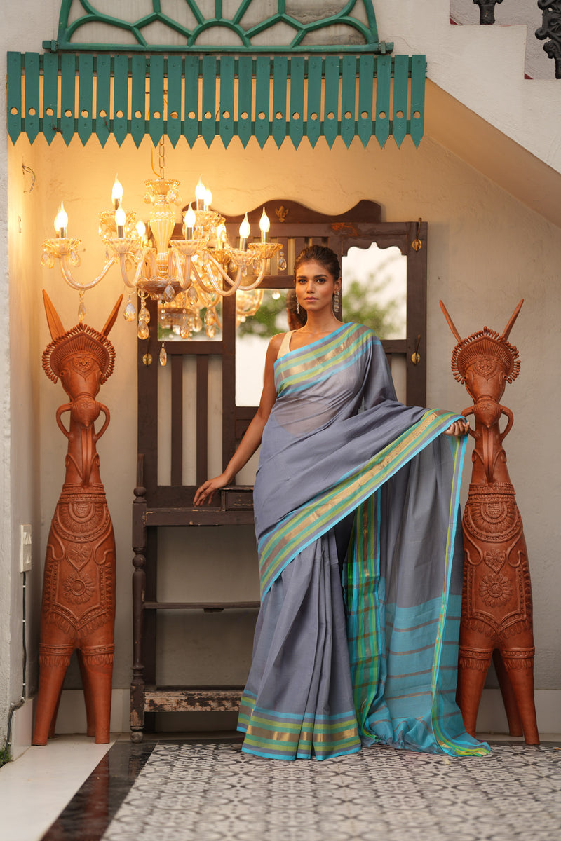 Grey Pure Mangalgiri Cotton Saree-UNM73493