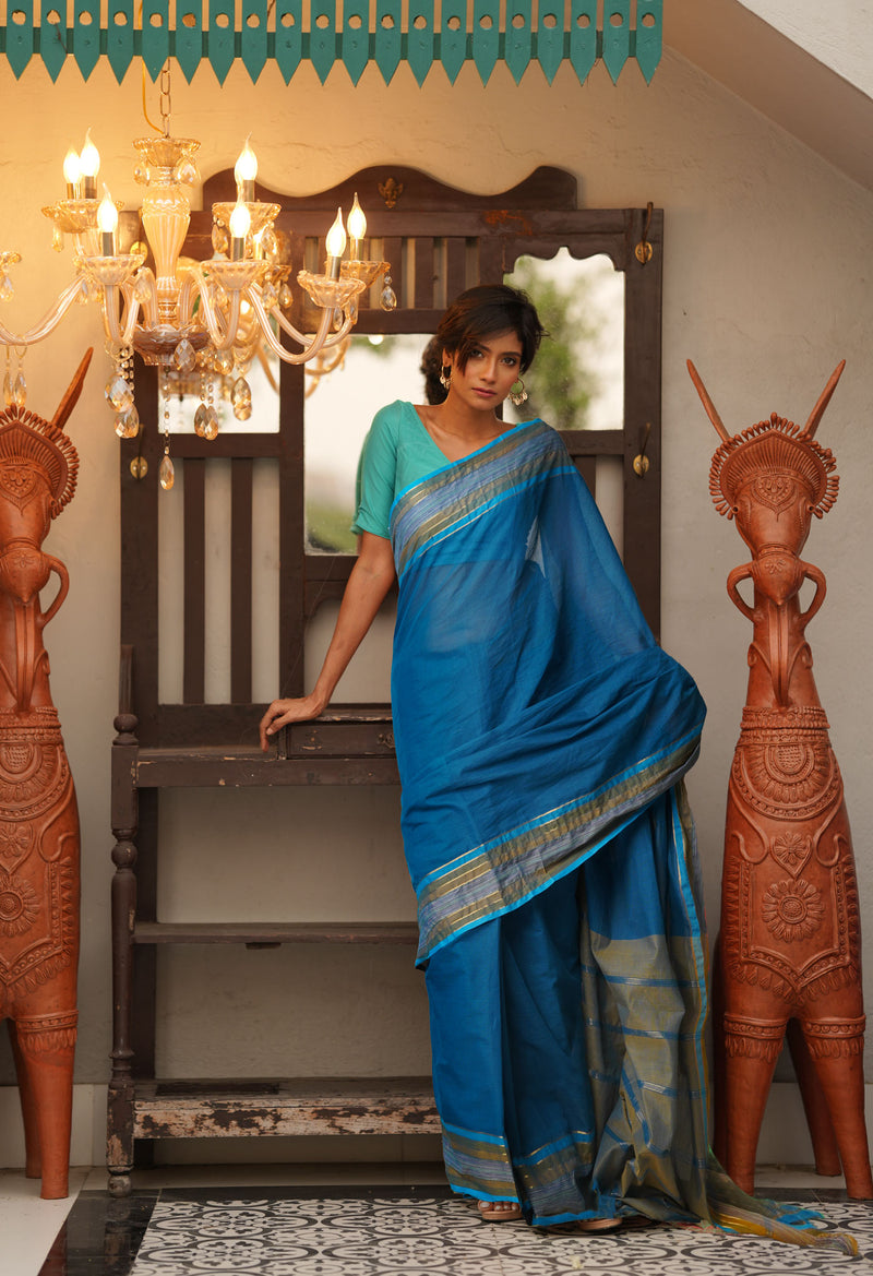 Blue Pure Mangalgiri Cotton Saree-UNM73496