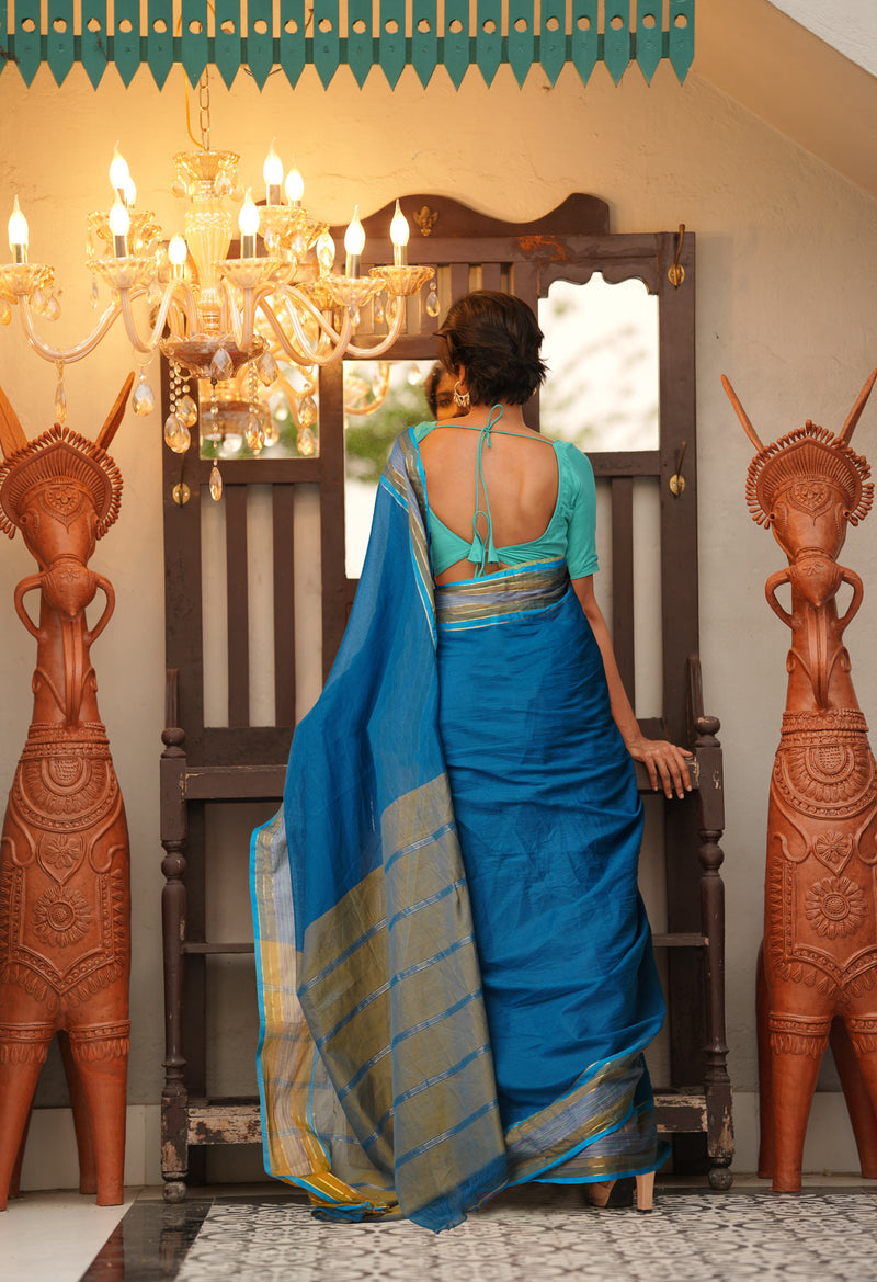 Blue Pure Mangalgiri Cotton Saree-UNM73496