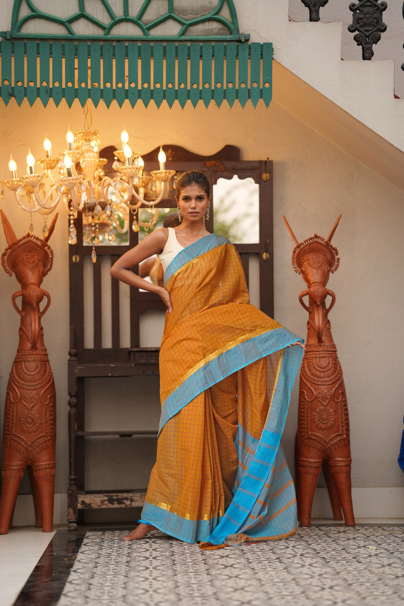 Mustard Yellow Pure Mangalgiri With Checks  Cotton Saree-UNM73498