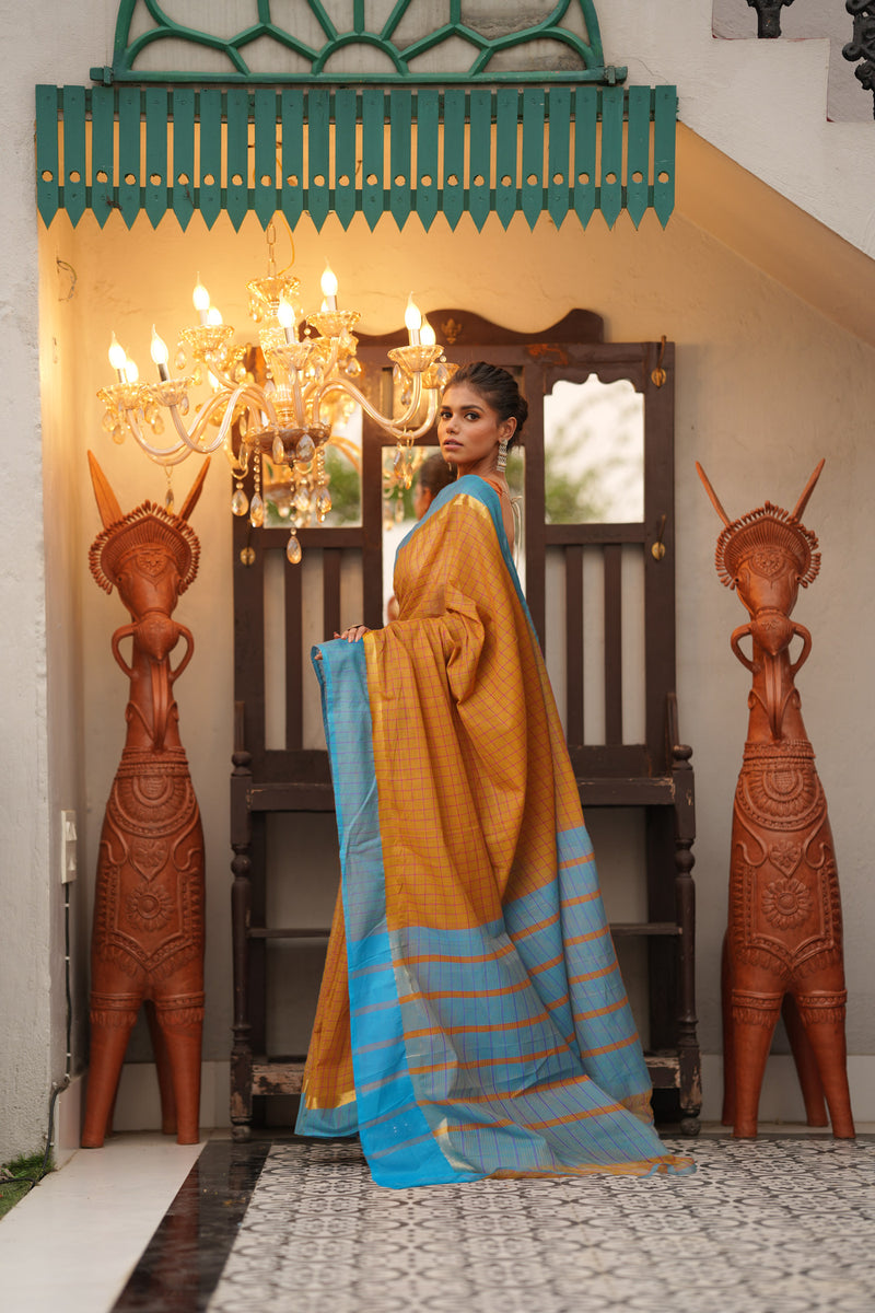 Mustard Yellow Pure Mangalgiri With Checks  Cotton Saree-UNM73498