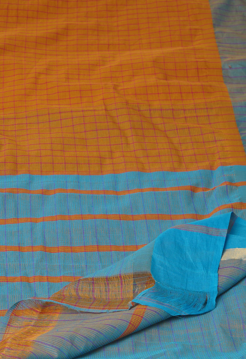 Mustard Yellow Pure Mangalgiri With Checks  Cotton Saree-UNM73498