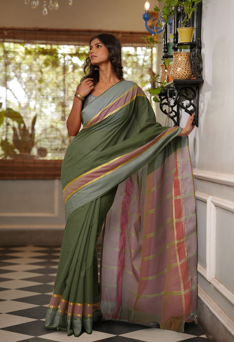 Uniform Green Pure Mangalgiri Cotton Saree-UNM73502