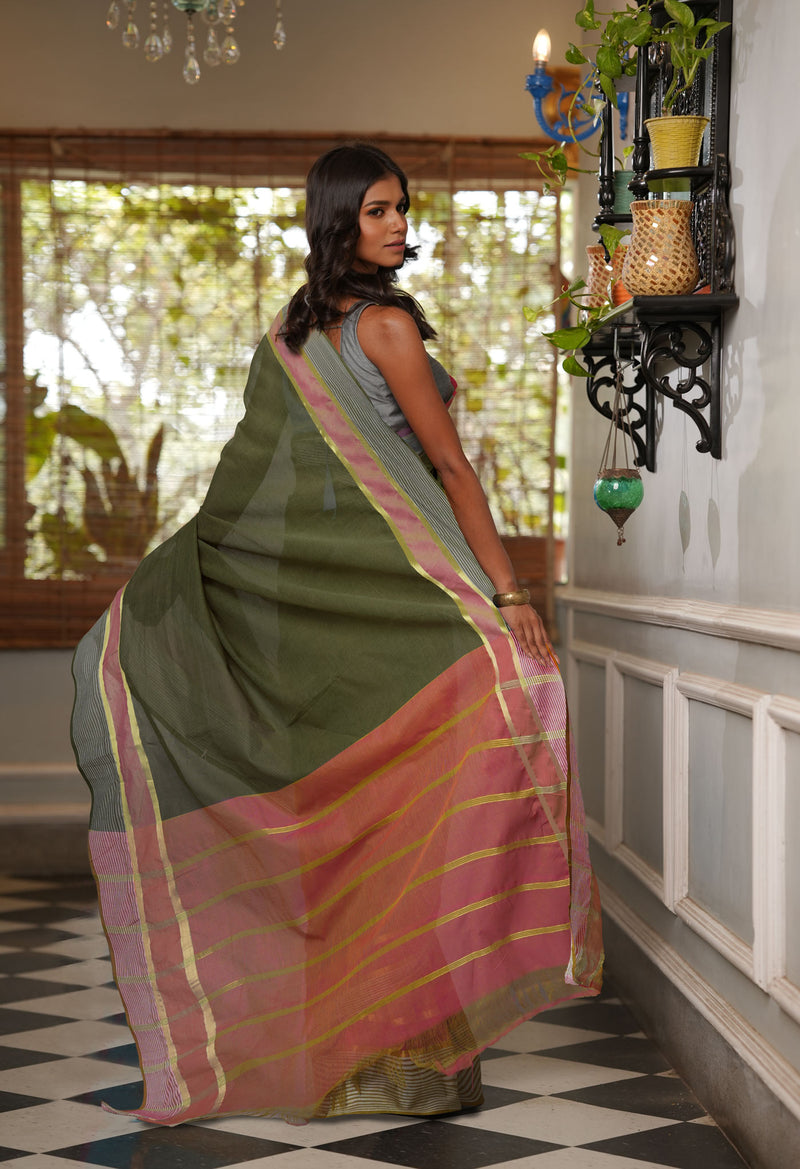 Uniform Green Pure Mangalgiri Cotton Saree-UNM73502