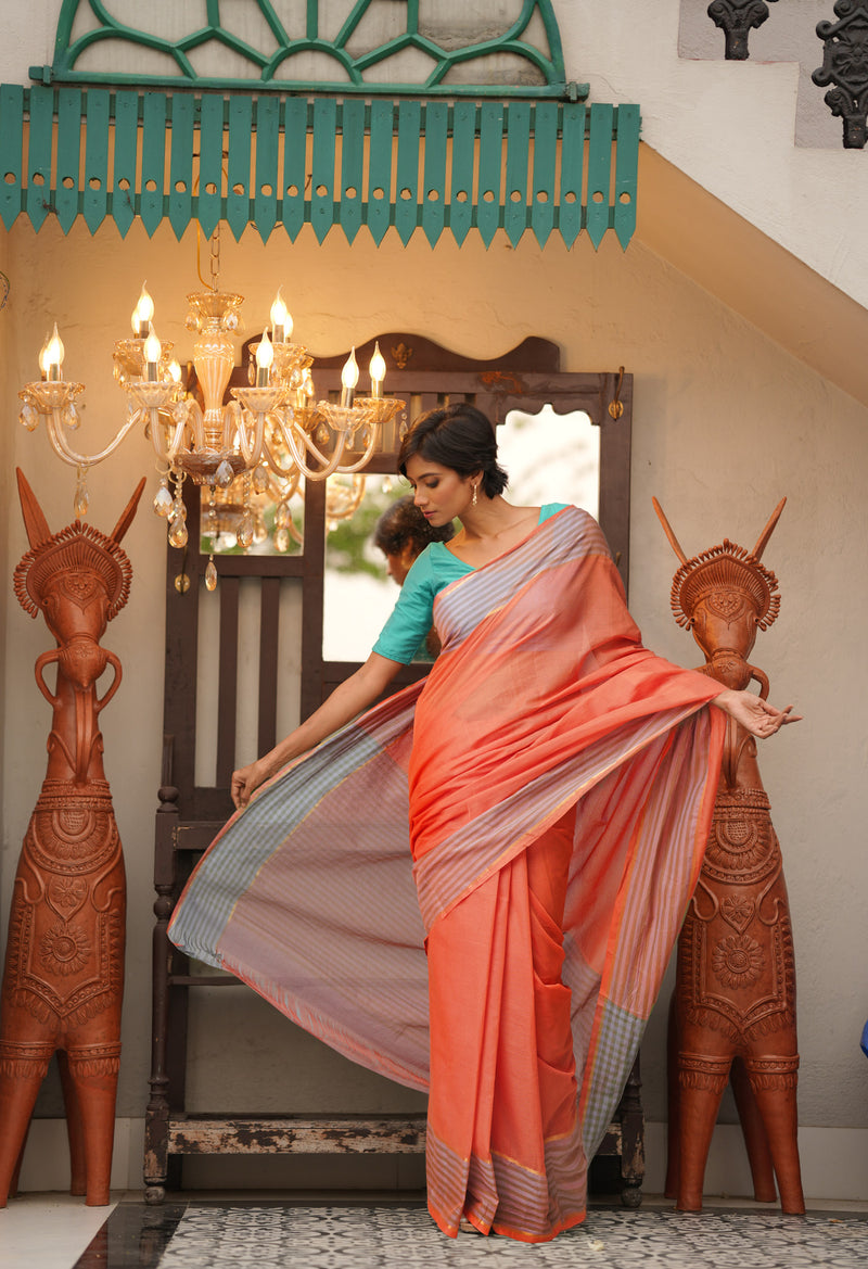 Salmon Pink Pure Mangalgiri Cotton Saree-UNM73513
