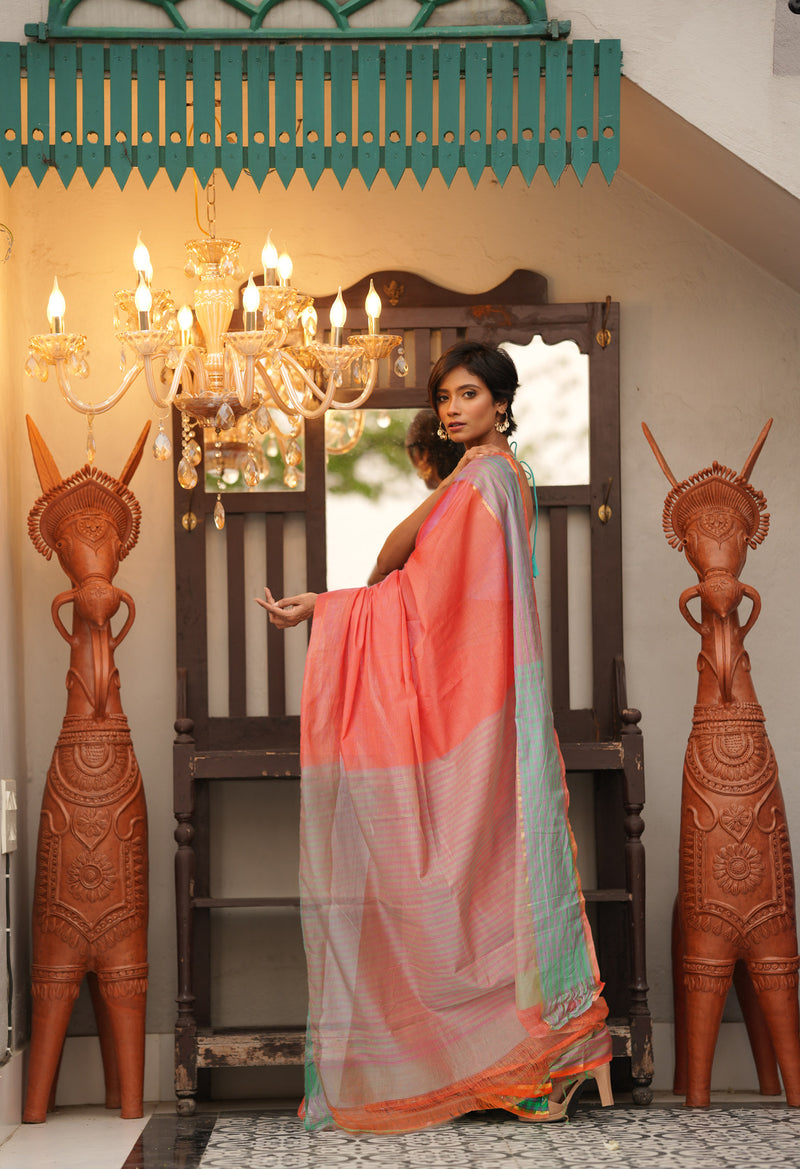 Salmon Pink Pure Mangalgiri Cotton Saree-UNM73513