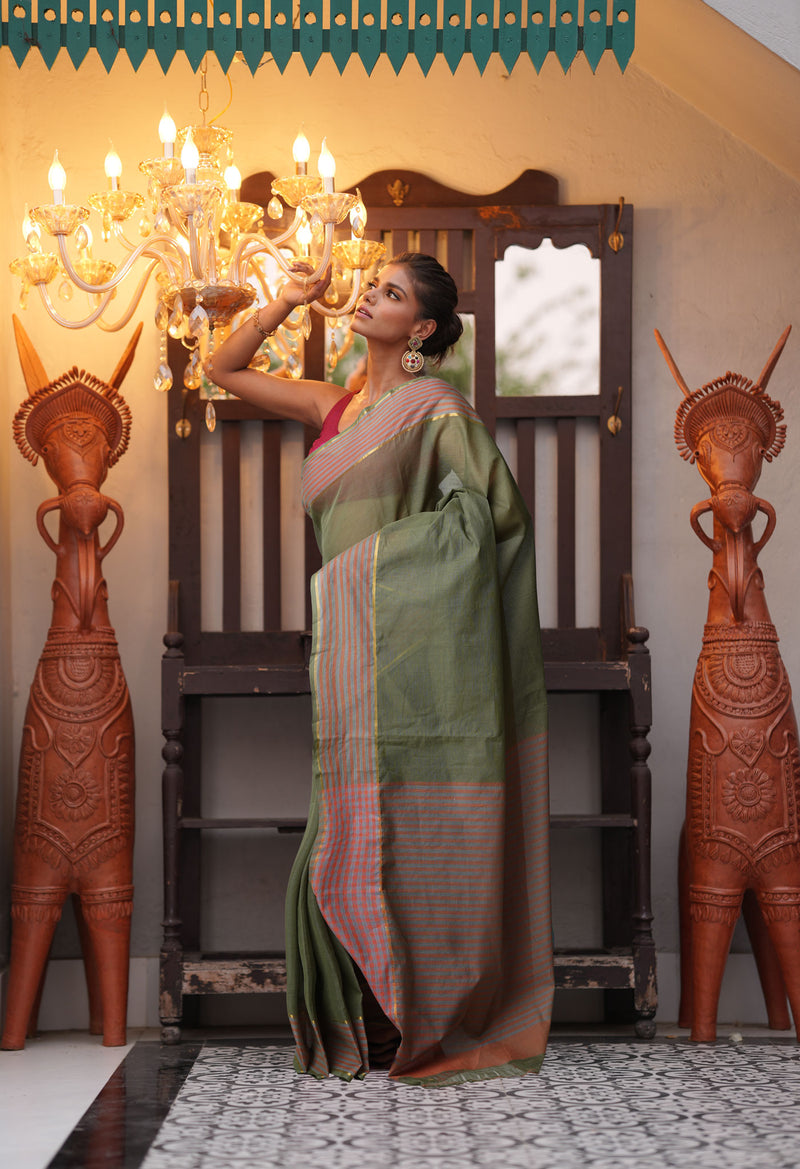 Uniform Green Pure Mangalgiri Cotton Saree-UNM73515
