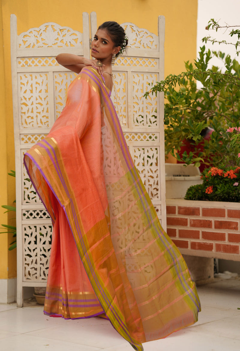 Salmon Pink Pure Mangalgiri Cotton Saree-UNM73521