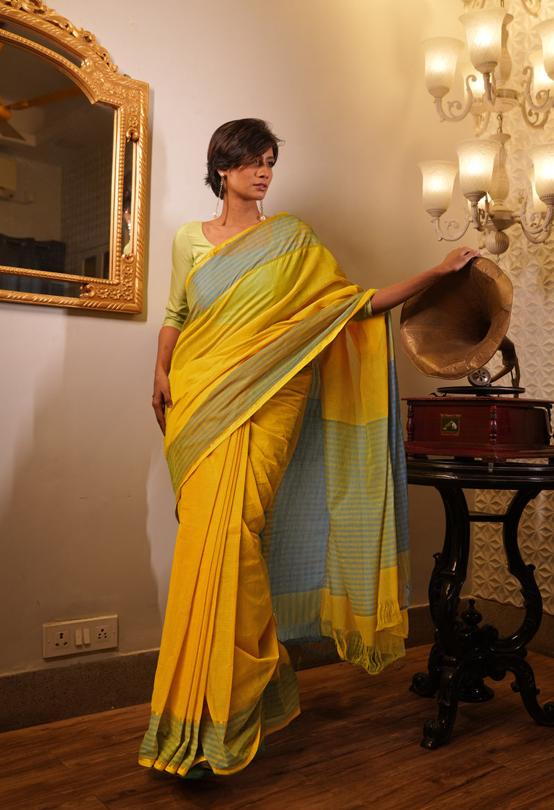 Yellow Pure Mangalgiri Cotton Saree-UNM73522