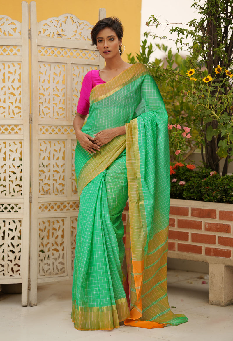 Green Pure Mangalgiri With Checks  Cotton Saree-UNM73523