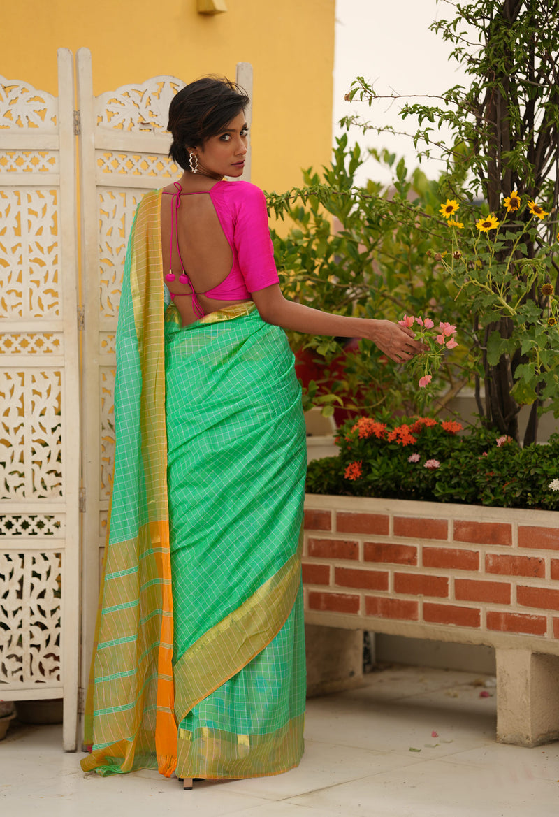 Green Pure Mangalgiri With Checks  Cotton Saree-UNM73523