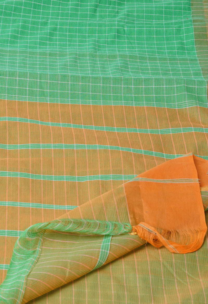Green Pure Mangalgiri With Checks  Cotton Saree-UNM73523