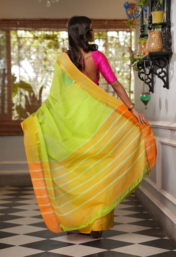 Green Pure Mangalgiri With Checks  Cotton Saree-UNM73524