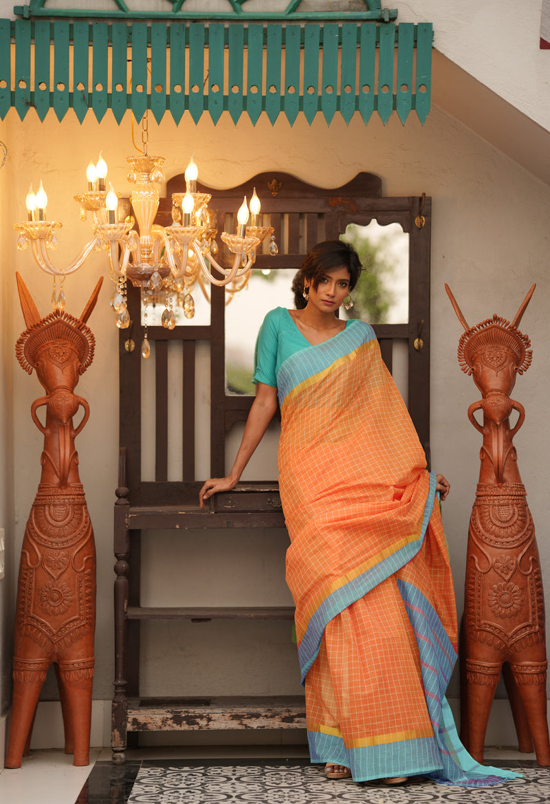 Orange Pure Mangalgiri With Checks  Cotton Saree-UNM73525
