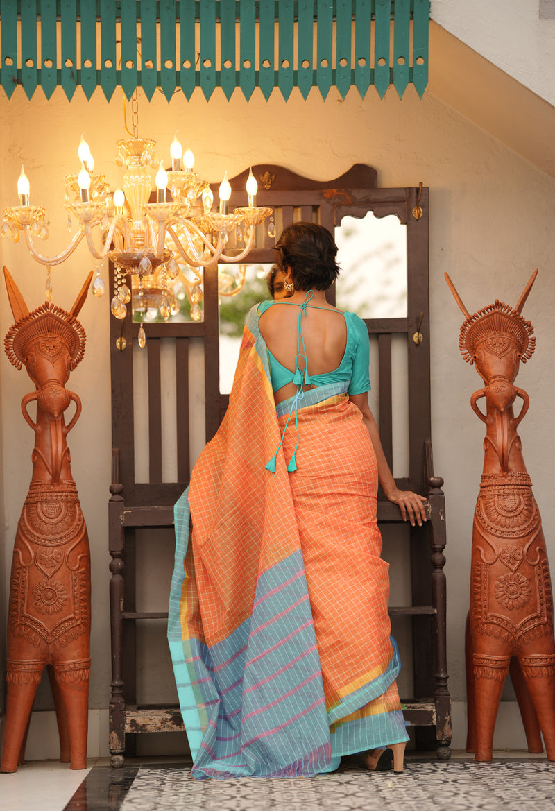 Orange Pure Mangalgiri With Checks  Cotton Saree-UNM73525