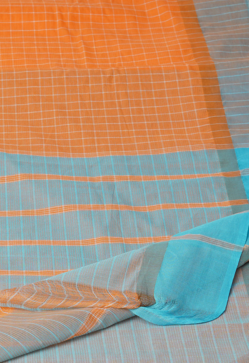 Orange Pure Mangalgiri With Checks  Cotton Saree-UNM73525