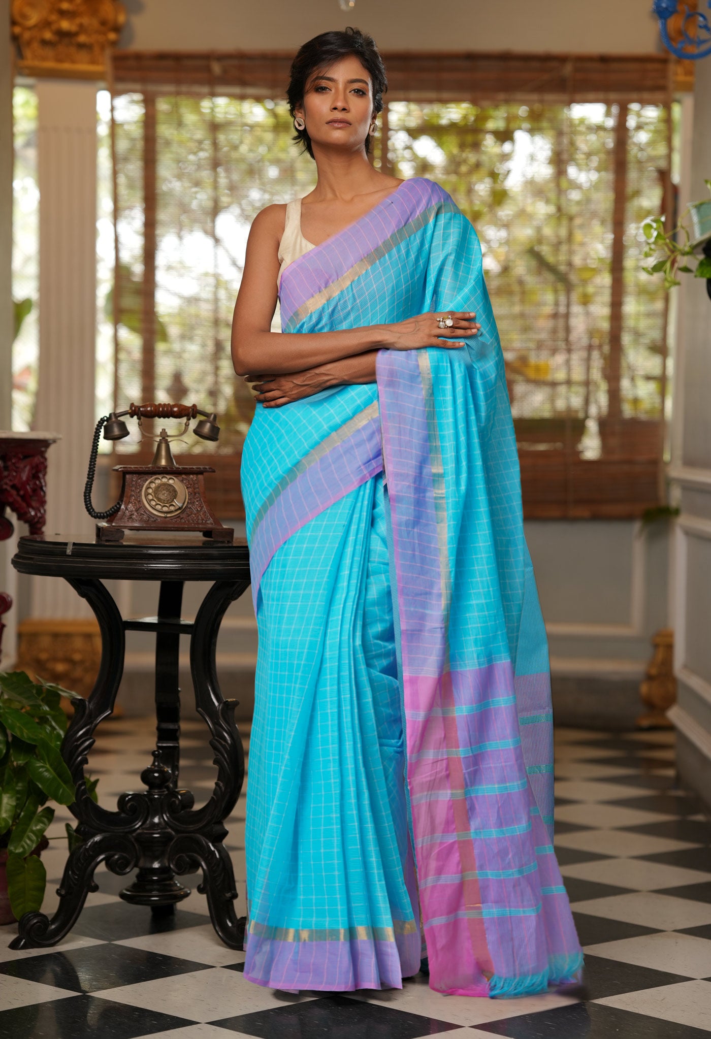 Blue Pure Mangalgiri With Checks Cotton Saree