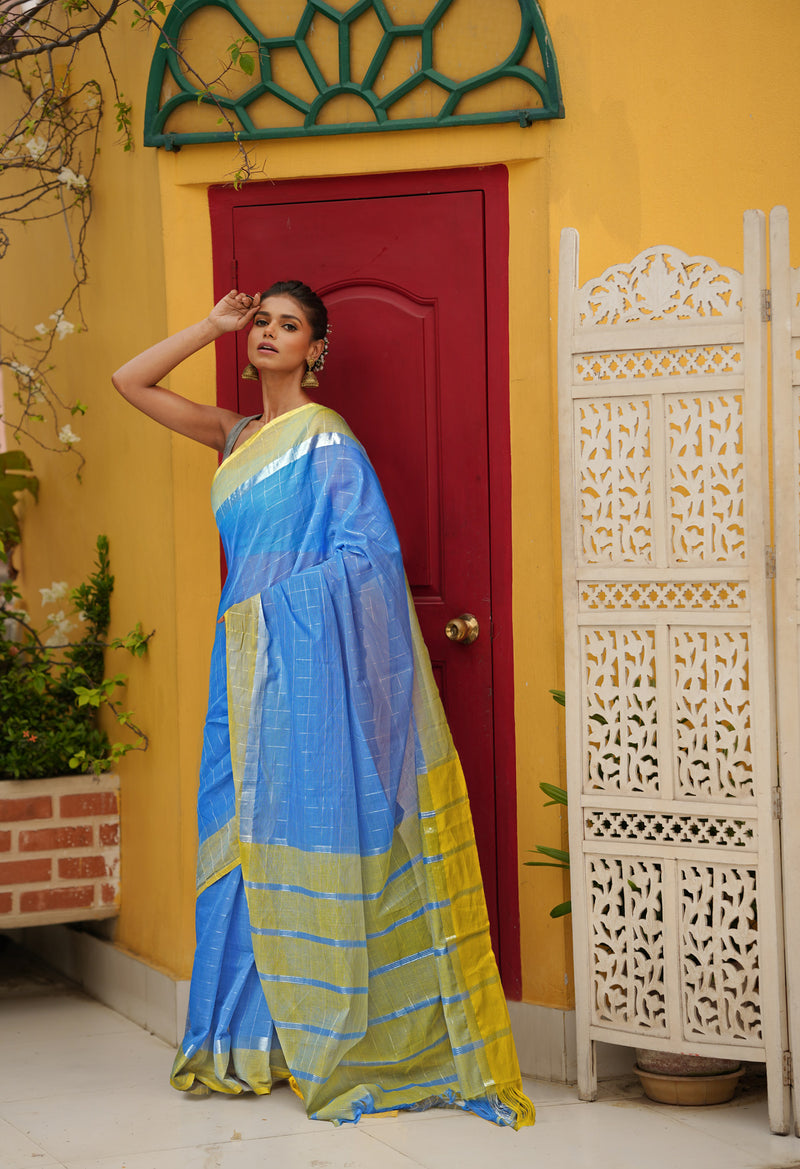 Blue Pure Mangalgiri with Silver Zari Weaving Checks Cotton Saree-UNM73531