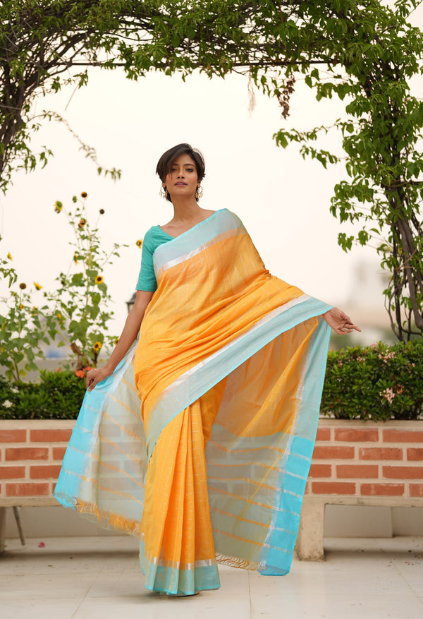 Orange Pure Mangalgiri with Silver Zari Weaving Checks Cotton Saree-UNM73532