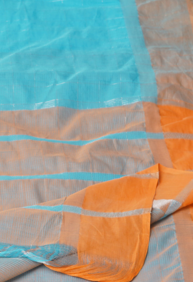 Blue Pure Mangalgiri with Silver Zari Weaving Checks Cotton Saree-UNM73533