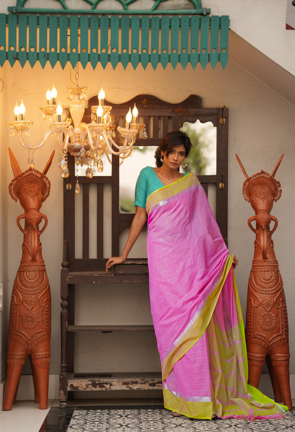 Pink Pure Mangalgiri with Silver Zari Weaving Checks Cotton Saree-UNM73534