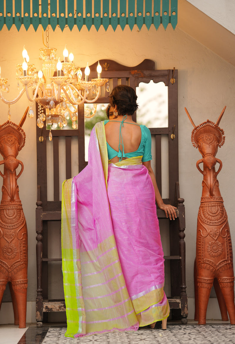 Pink Pure Mangalgiri with Silver Zari Weaving Checks Cotton Saree-UNM73534