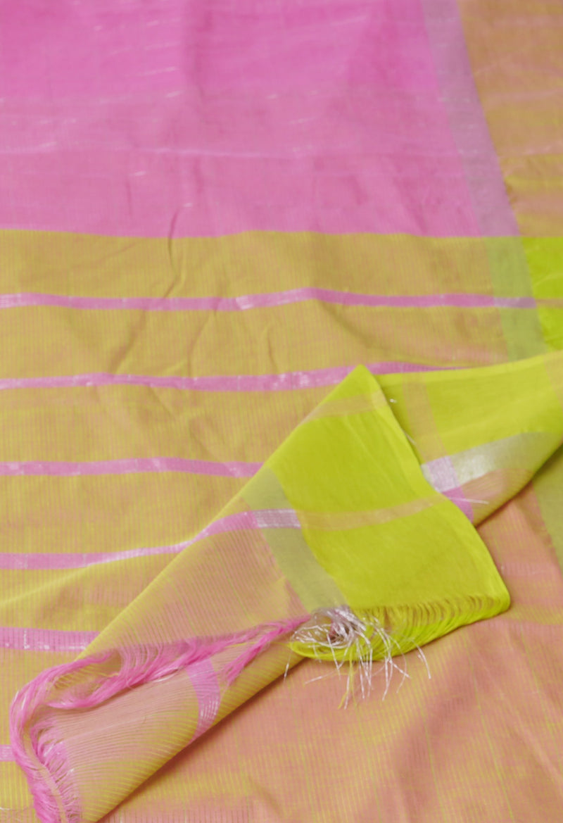 Pink Pure Mangalgiri with Silver Zari Weaving Checks Cotton Saree-UNM73534