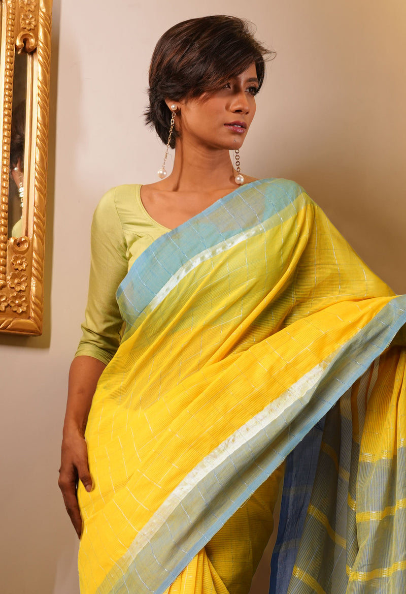 Yellow Pure Mangalgiri with Silver Zari Weaving Checks Cotton Saree-UNM73535