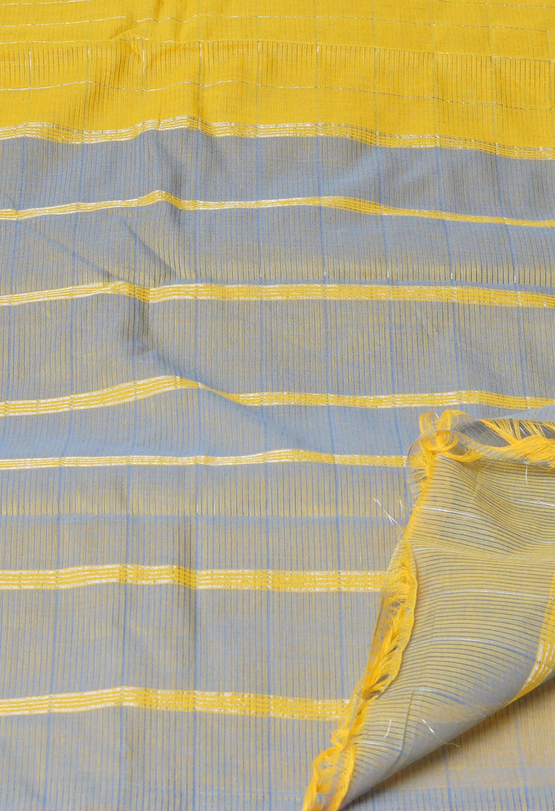Yellow Pure Mangalgiri with Silver Zari Weaving Checks Cotton Saree-UNM73535