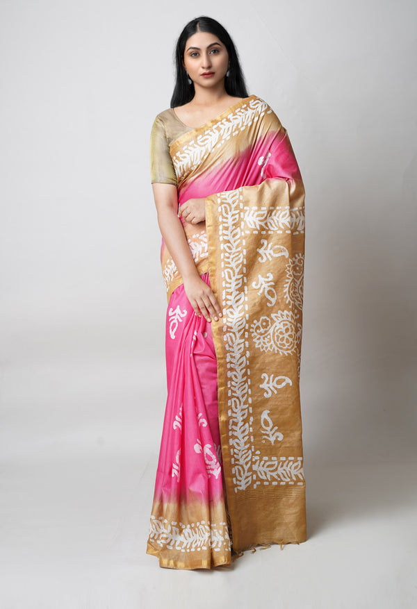 Pink-Brown Pure  Batik Printed Chanderi Sico Saree-UNM73536